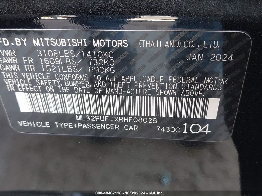 2024 Mitsubishi Mirage G4 Es/G4 Le/G4 Black Edit VIN: ML32FUFJXRHF08026 Lot: 40462118