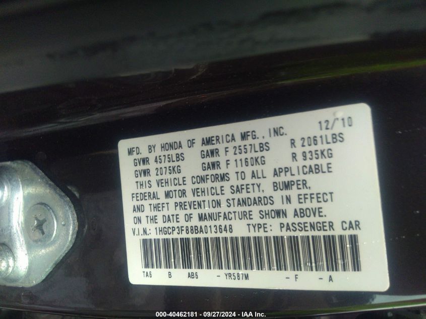 1HGCP3F88BA013648 2011 Honda Accord 3.5 Ex-L