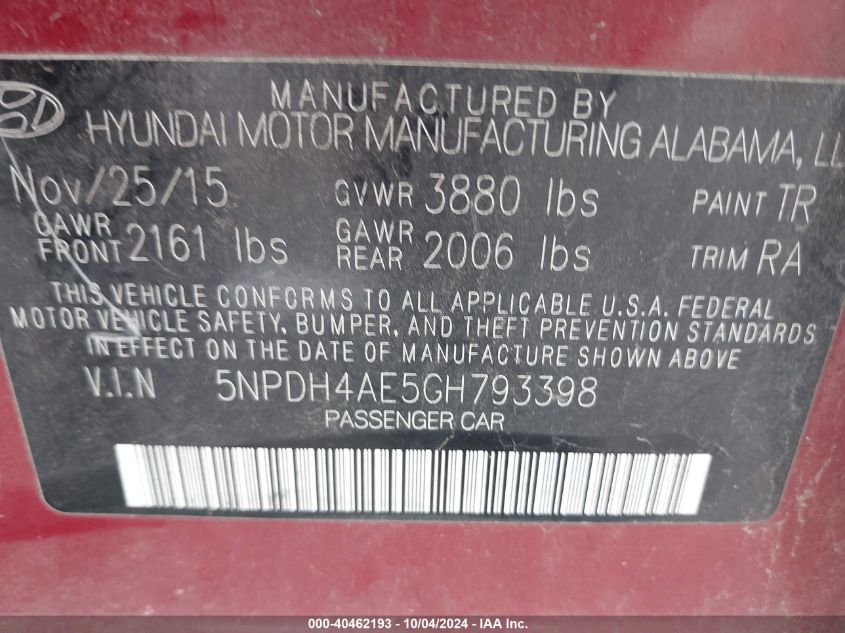 5NPDH4AE5GH793398 2016 Hyundai Elantra Se