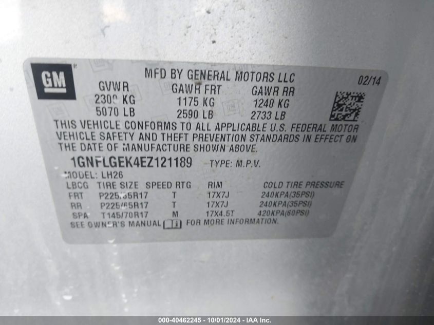 1GNFLGEK4EZ121189 2014 Chevrolet Equinox Lt