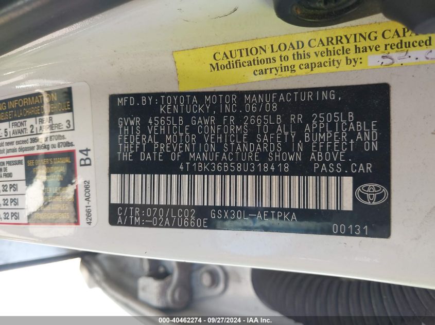 4T1BK36B58U318418 2008 Toyota Avalon Limited