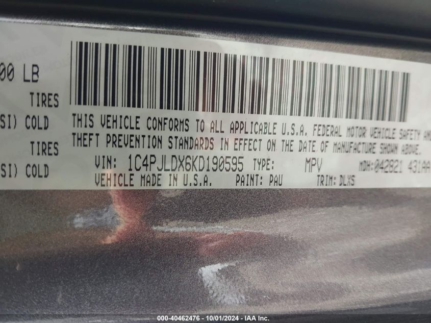 1C4PJLDX6KD190595 2019 Jeep Cherokee Limited Fwd