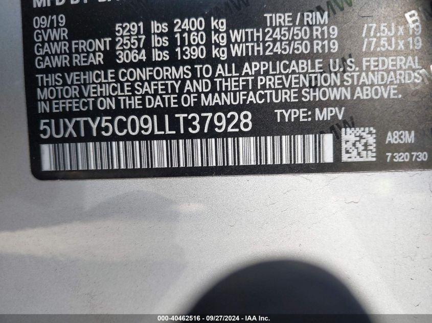 2020 BMW X3 xDrive30I VIN: 5UXTY5C09LLT37928 Lot: 40462516