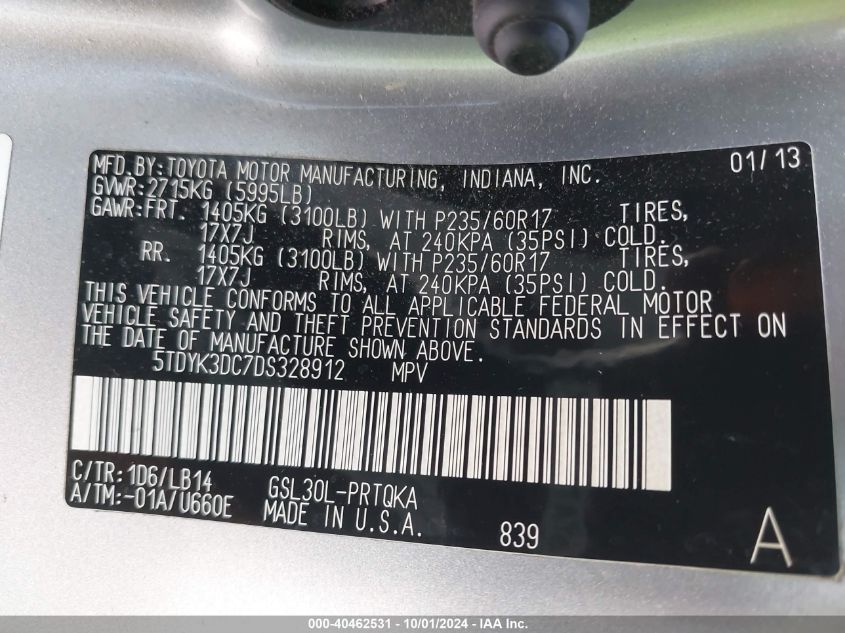 5TDYK3DC7DS328912 2013 Toyota Sienna Xle V6 8 Passenger