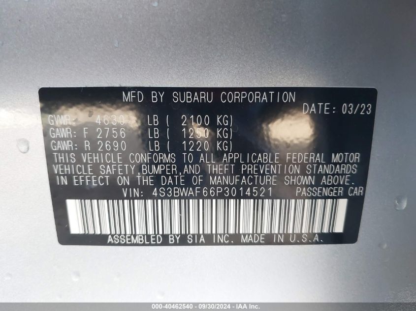 2023 Subaru Legacy Premium VIN: 4S3BWAF66P3014521 Lot: 40462540