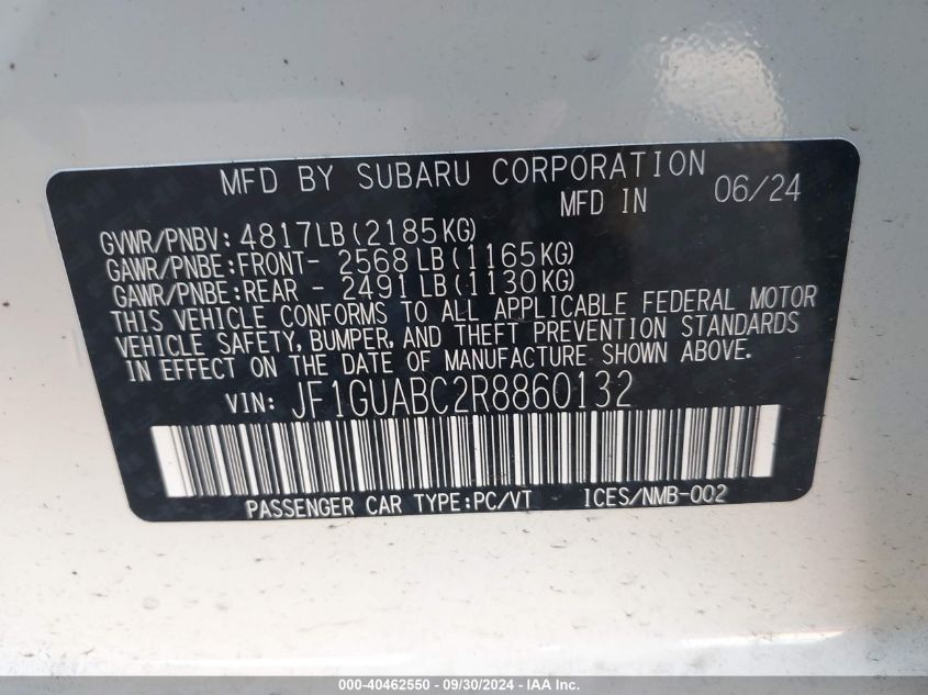 2024 Subaru Impreza VIN: JF1GUABC2R8860132 Lot: 40462550