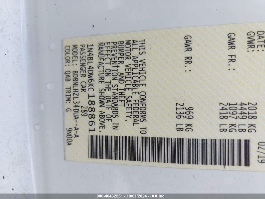 2019 Nissan Altima 2.5 Sv VIN: 1N4BL4DW6KC188861 Lot: 40462551