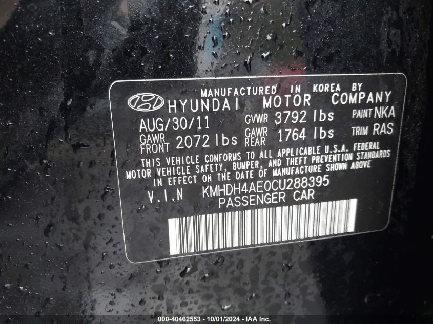 2012 Hyundai Elantra Gls (Ulsan Plant) VIN: KMHDH4AE0CU288395 Lot: 40462553