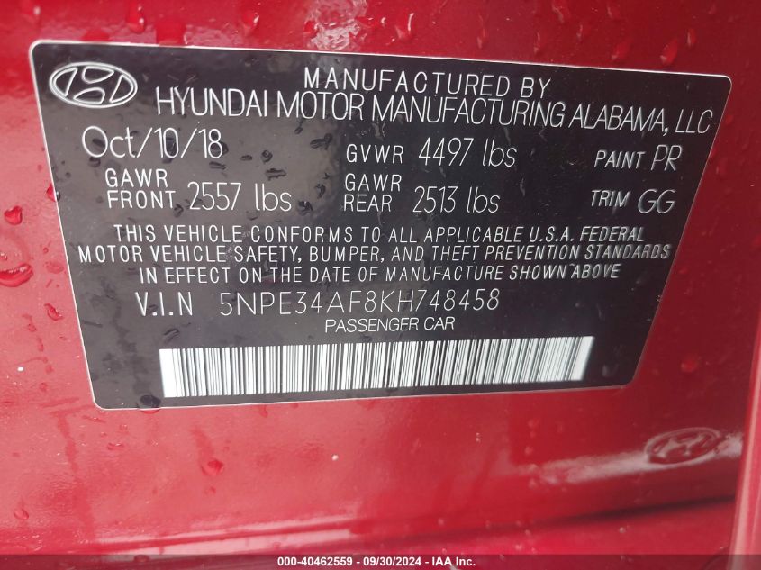 5NPE34AF8KH748458 2019 Hyundai Sonata Sel