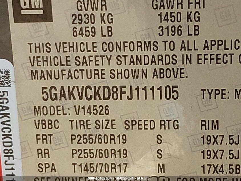 5GAKVCKD8FJ111105 2015 Buick Enclave Premium