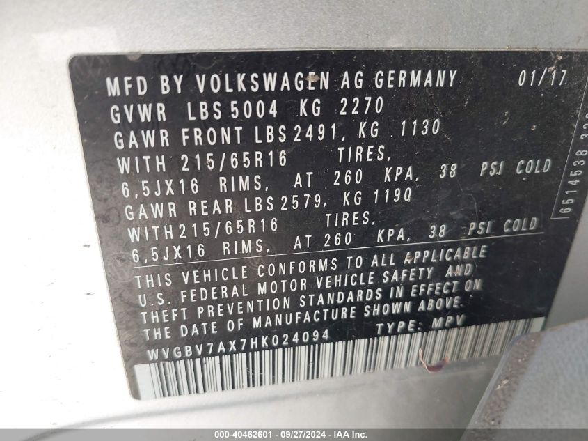 2017 Volkswagen Tiguan VIN: WVGBV7AX7HK024094 Lot: 40462601