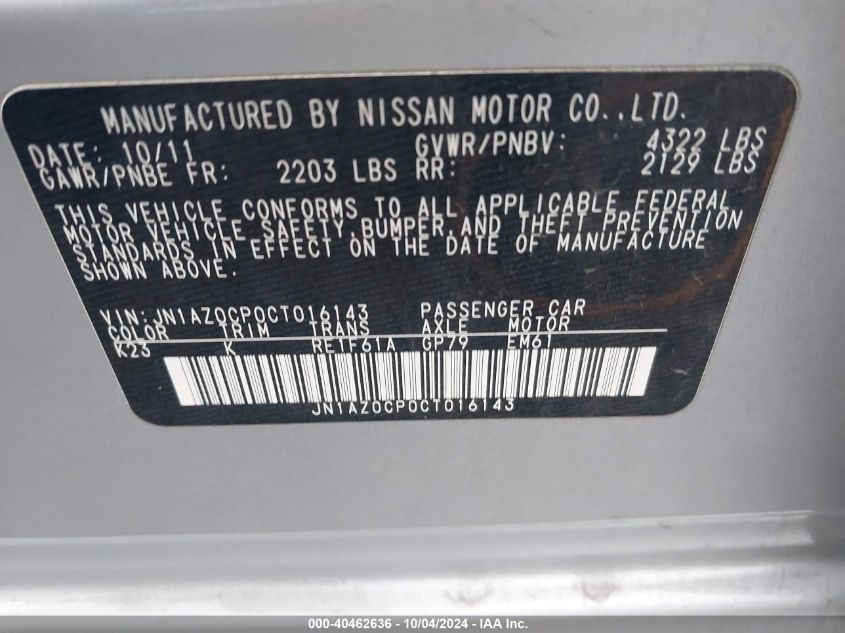 JN1AZ0CP0CT016143 2012 Nissan Leaf Sl