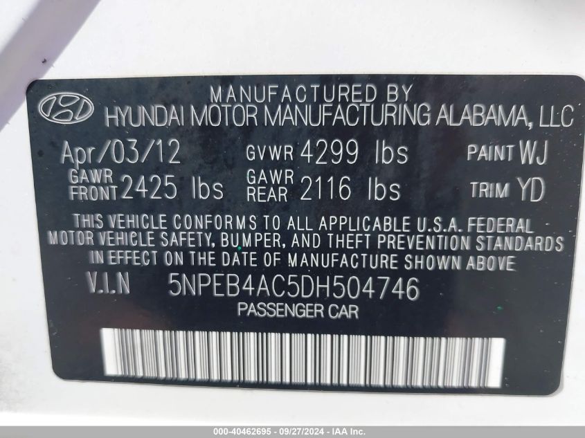 5NPEB4AC5DH504746 2013 Hyundai Sonata Gls