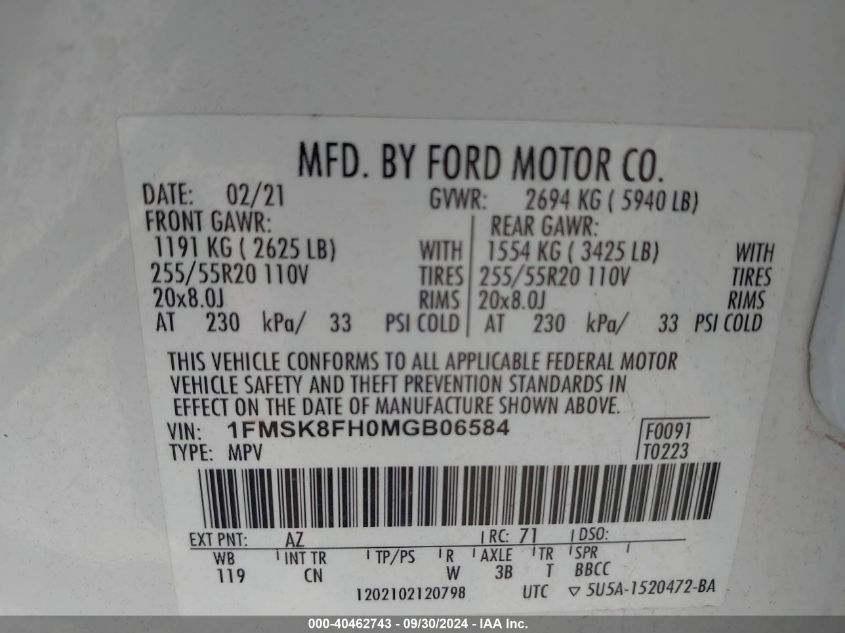 1FMSK8FH0MGB06584 2021 Ford Explorer Limited