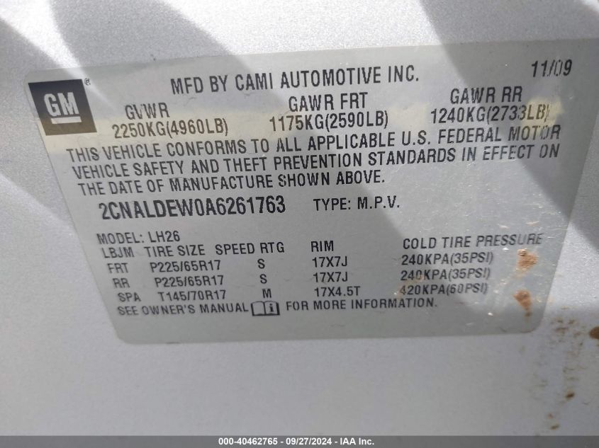 2CNALDEW0A6261763 2010 Chevrolet Equinox Lt