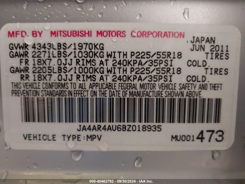 2011 Mitsubishi Outlander Sport Se VIN: JA4AR4AU6BZ018935 Lot: 40462792