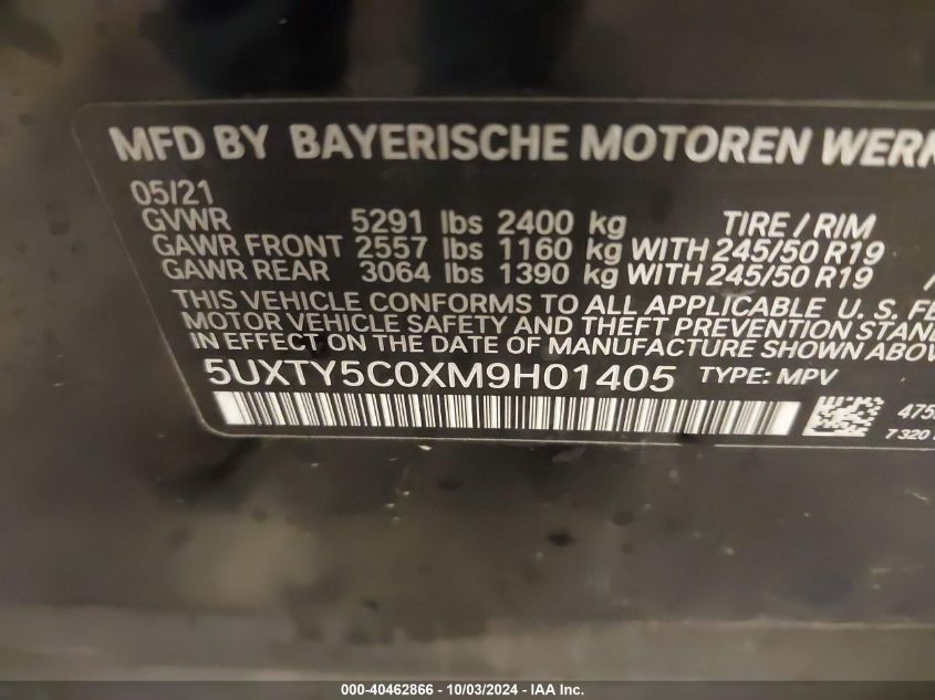 2021 BMW X3 xDrive30I VIN: 5UXTY5C0XM9H01405 Lot: 40462866