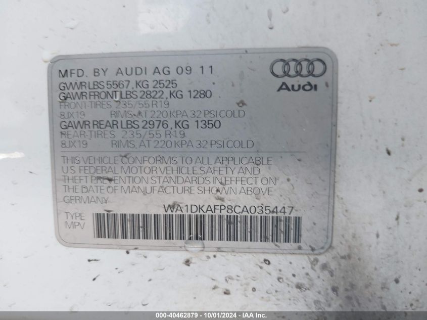 2012 Audi Q5 3.2 Premium Plus VIN: WA1DKAFP8CA035447 Lot: 40462879