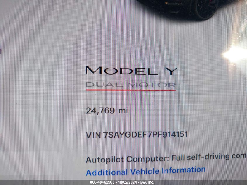 2023 Tesla Model Y Awd/Performance Dual Motor All-Wheel Drive VIN: 7SAYGDEF7PF914151 Lot: 40462963