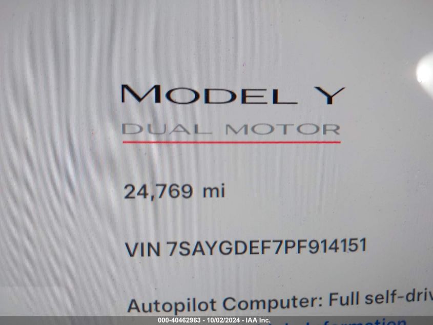 2023 Tesla Model Y Awd/Performance Dual Motor All-Wheel Drive VIN: 7SAYGDEF7PF914151 Lot: 40462963