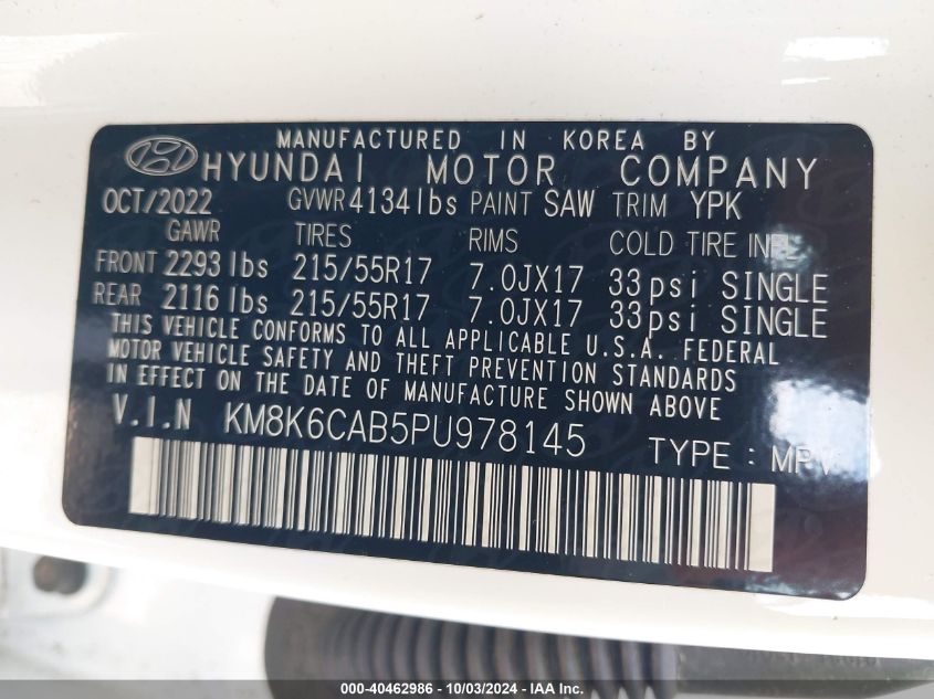 2023 Hyundai Kona Sel VIN: KM8K6CAB5PU978145 Lot: 40462986