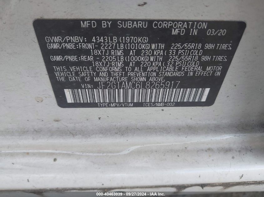 JF2GTAMC6L8265917 2020 Subaru Crosstrek Limited