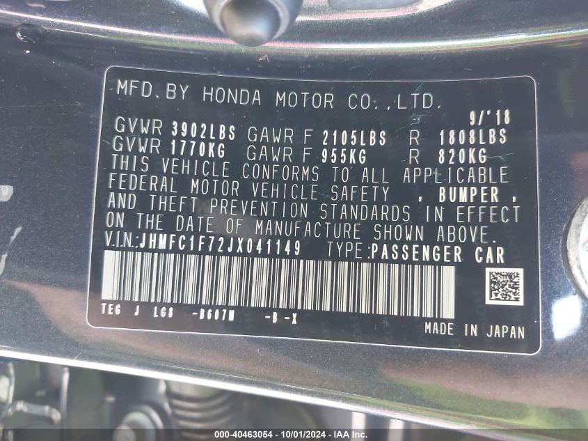 JHMFC1F72JX041149 2018 Honda Civic Ex-L