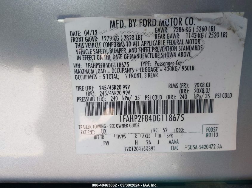 1FAHP2F84DG118675 2013 Ford Taurus Limited