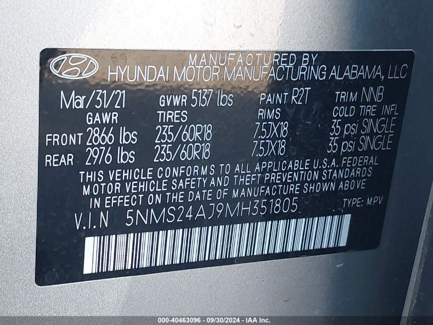 2021 Hyundai Santa Fe Sel VIN: 5NMS24AJ9MH351805 Lot: 40463096