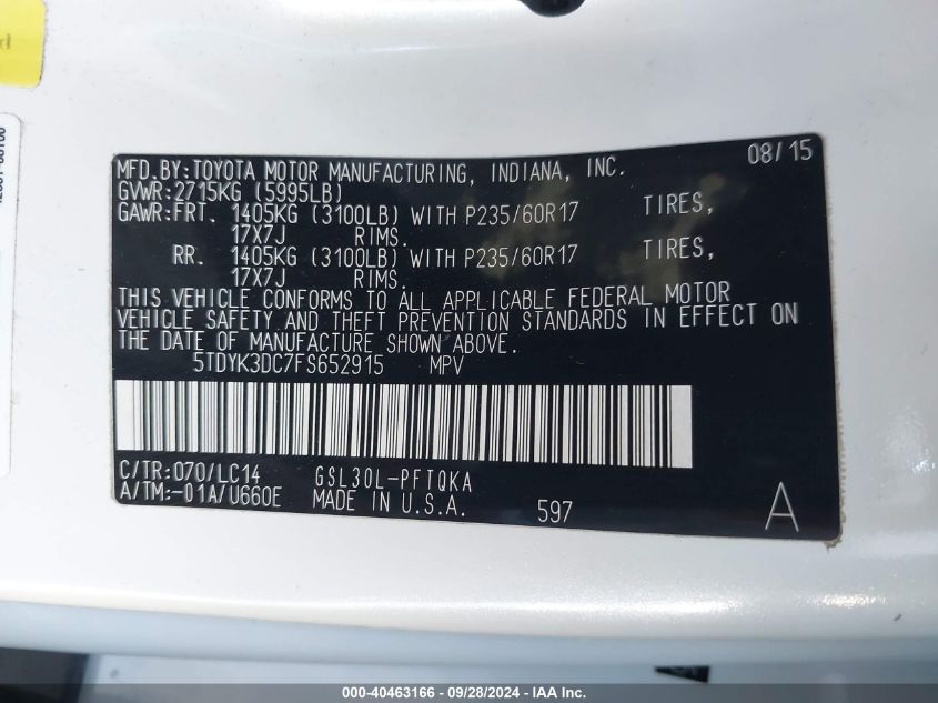 5TDYK3DC7FS652915 2015 Toyota Sienna Xle/Limited