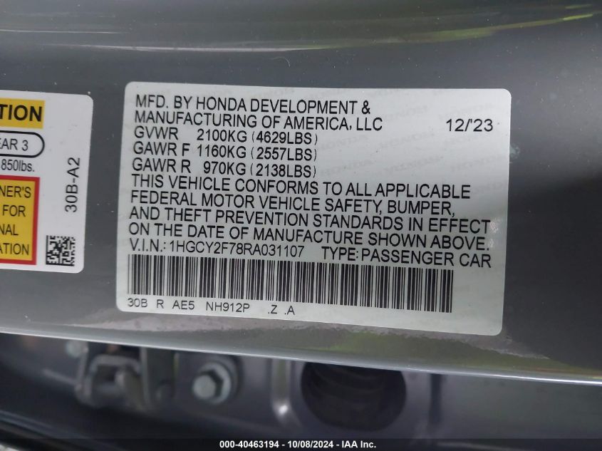 1HGCY2F78RA031107 2024 Honda Accord Hybrid Sport-L