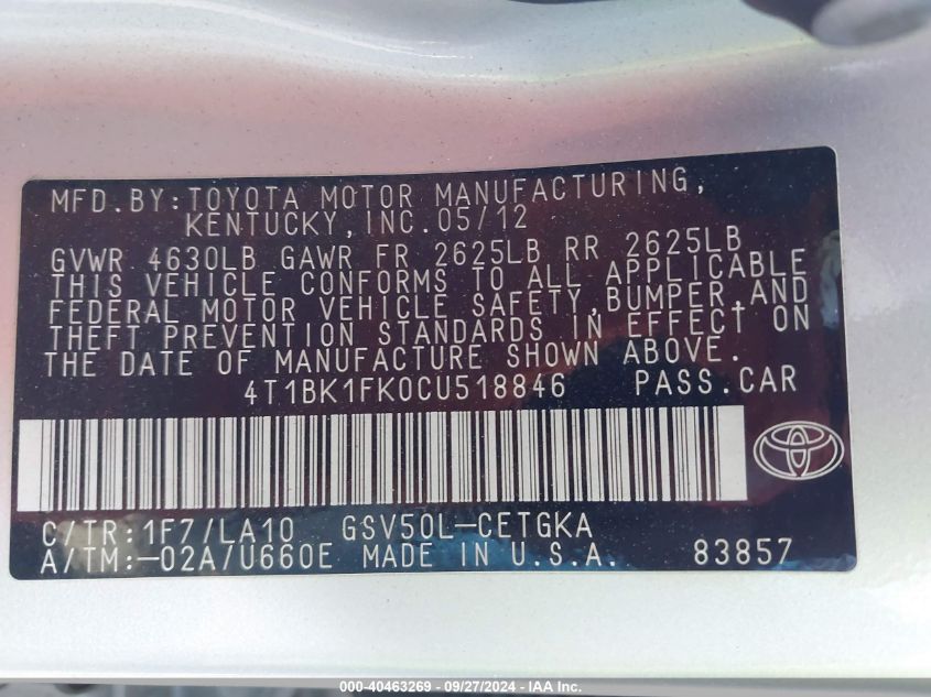 4T1BK1FK0CU518846 2012 Toyota Camry Xle V6