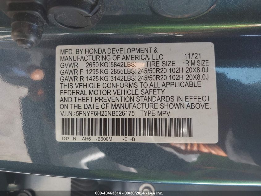 2022 Honda Pilot Awd Special Edition VIN: 5FNYF6H25NB026175 Lot: 40463314