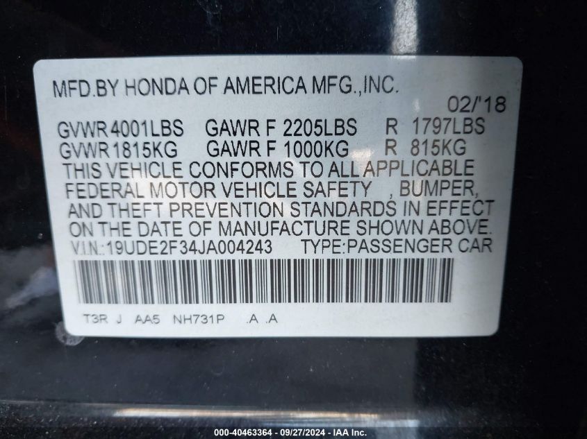 19UDE2F34JA004243 2018 Acura Ilx Acurawatch Plus Package