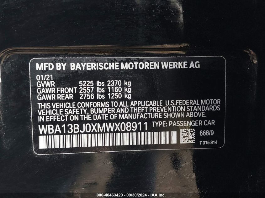 WBA13BJ0XMWX08911 2021 BMW 530 Xi