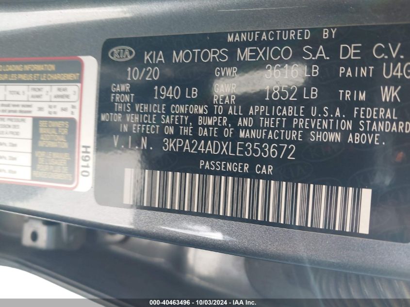 2020 Kia Rio S VIN: 3KPA24ADXLE353672 Lot: 40463496