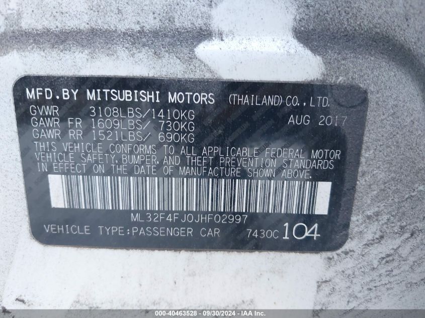 ML32F4FJ0JHF02997 2018 Mitsubishi Mirage G4 Se