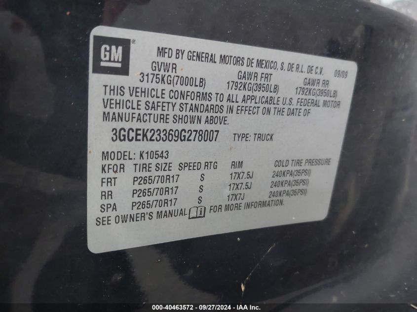 3GCEK23369G278007 2009 Chevrolet Silverado K1500 Lt