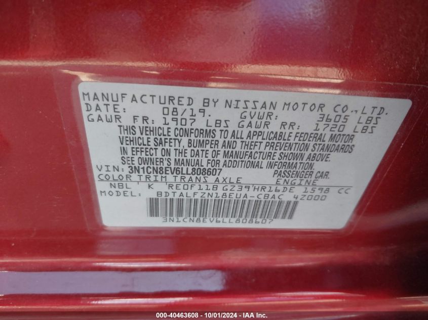 3N1CN8EV6LL808607 2020 Nissan Versa Sv Xtronic Cvt