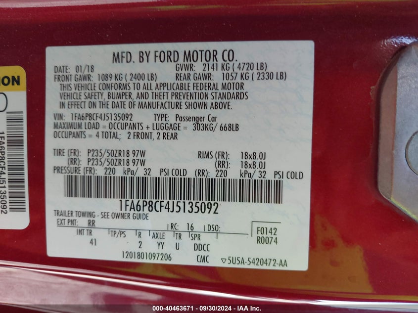 VIN 1FA6P8CF4J5135092 2018 FORD MUSTANG GT