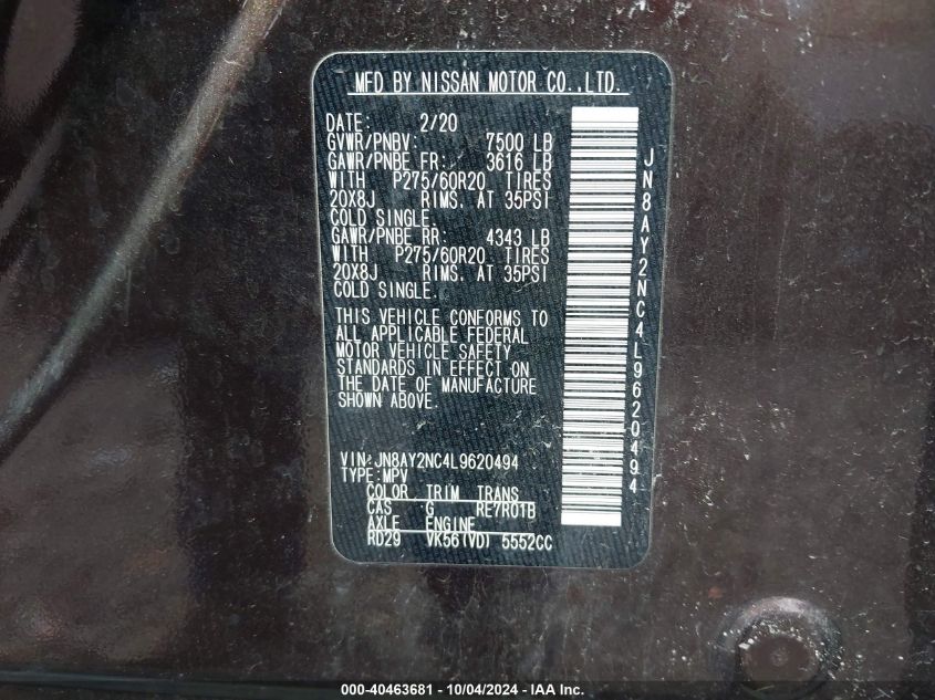 JN8AY2NC4L9620494 2020 Nissan Armada Sl 4Wd