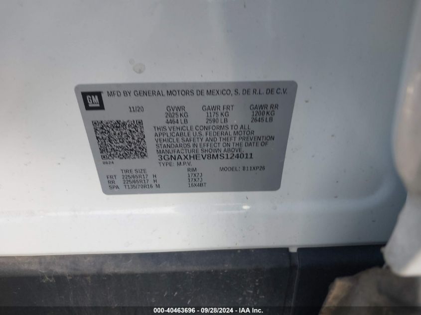 2021 Chevrolet Equinox Ls VIN: 3GNAXHEV8MS124011 Lot: 40463696