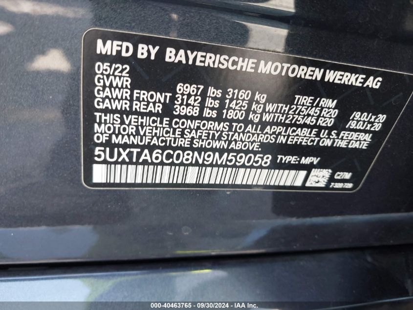 2022 BMW X5 Phev xDrive45E VIN: 5UXTA6C08N9M59058 Lot: 40463765