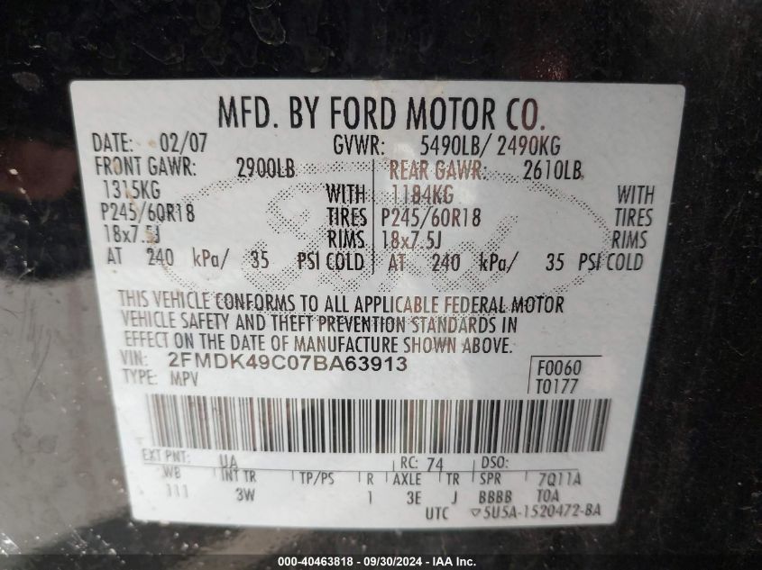 2007 Ford Edge Sel Plus VIN: 2FMDK49C07BA63913 Lot: 40463818