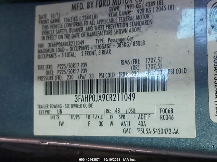 3FAHP0JA9CR211049 2012 Ford Fusion Sel