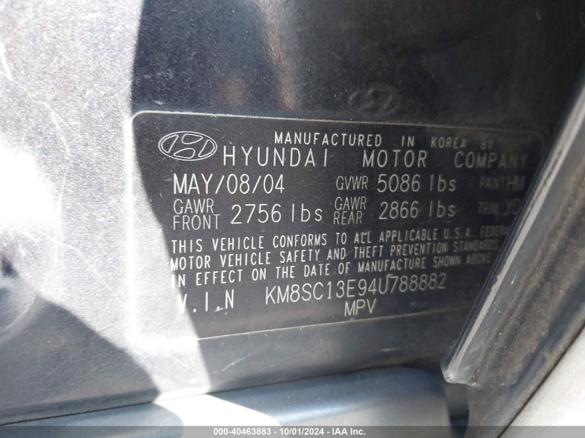 KM8SC13E94U788882 2004 Hyundai Santa Fe Gls/Lx