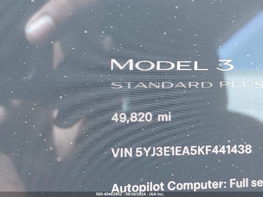 2019 Tesla Model 3 Long Range/Mid Range/Standard Range/Standard Range Plus VIN: 5YJ3E1EA5KF441438 Lot: 40463902