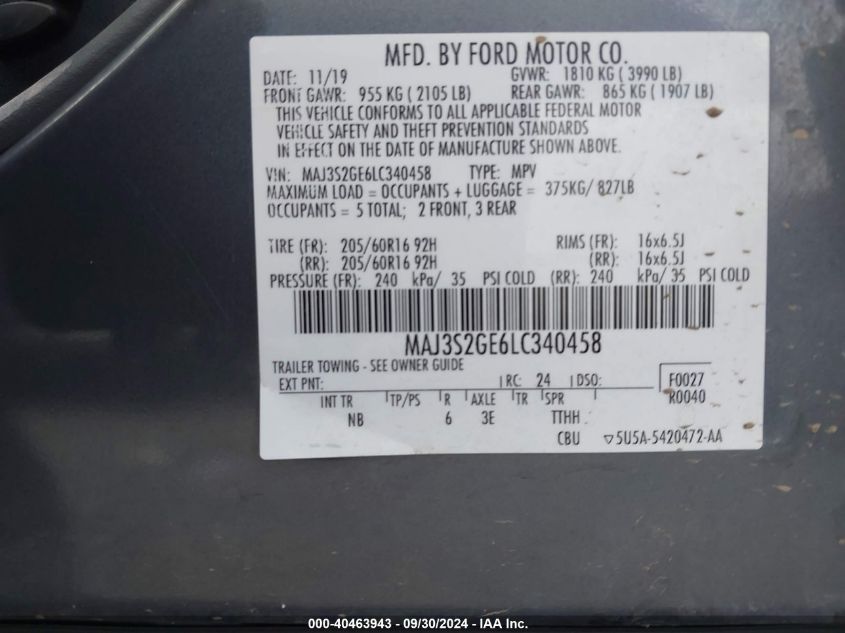 MAJ3S2GE6LC340458 2020 Ford Ecosport Se