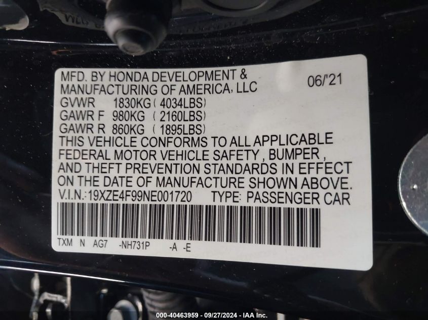 19XZE4F99NE001720 2022 Honda Insight Touring