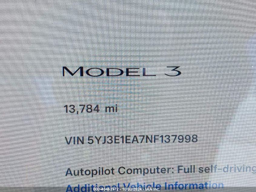 5YJ3E1EA7NF137998 2022 Tesla Model 3